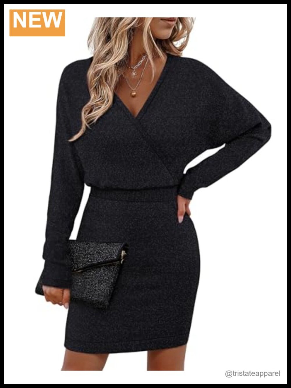 Bebonnie Sexy V Neck Batwing Sleeve Sparkly Cocktail Party Sweater Dress